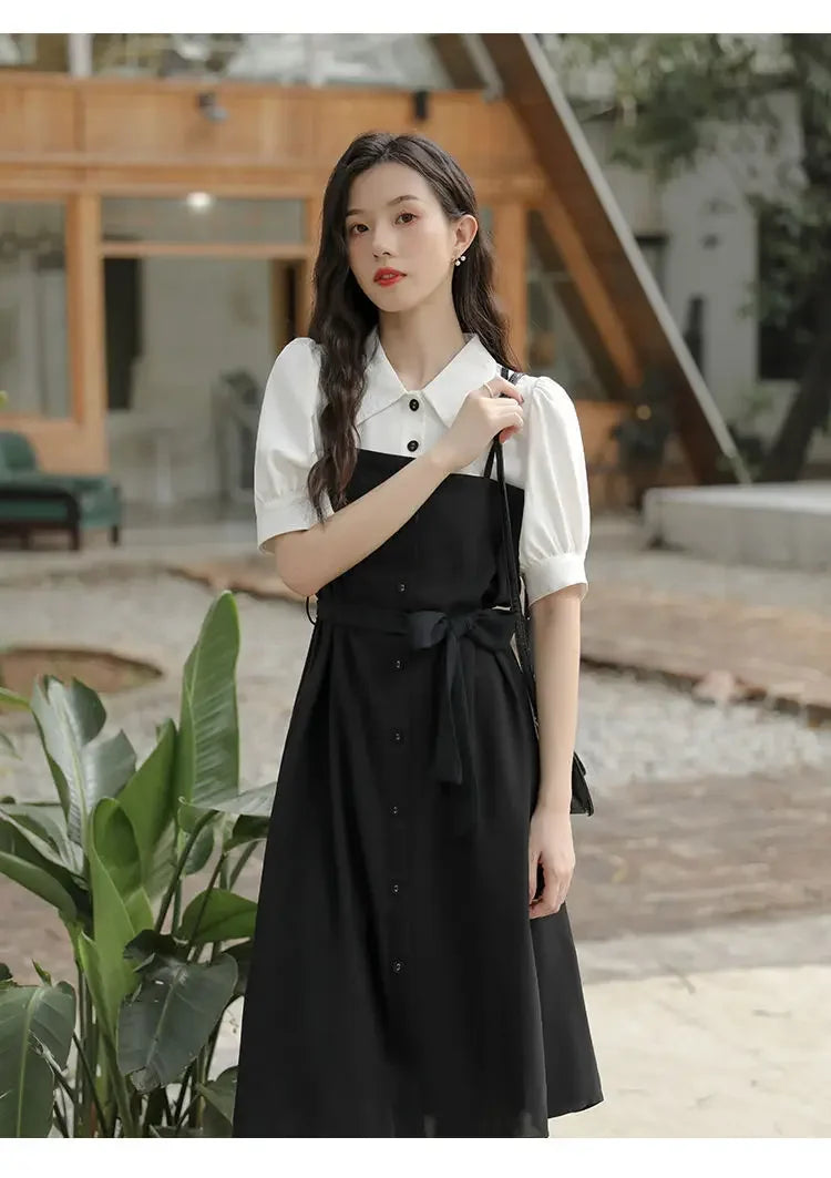 Small black dress elegant skirt women's summer long dress French shirt dress dress [no refund or exchange]]