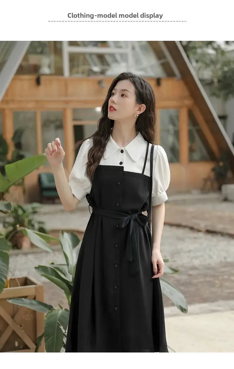 Small black dress elegant skirt women's summer long dress French shirt dress dress [no refund or exchange]]