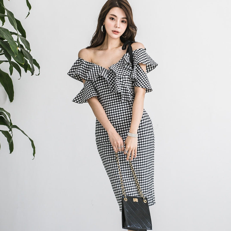 Deep V Neck Sexy Slim Fit Hip-Hugging Dress Cross-Border 2025 Korean Style New Women's Hip-Hugging Sexy Plaid Midi Skirt