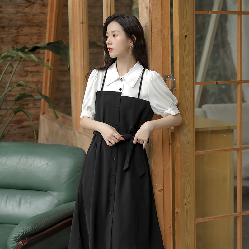 Small black dress elegant skirt women's summer long dress French shirt dress dress [no refund or exchange]]
