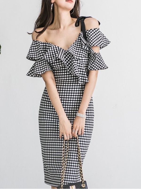 Deep V Neck Sexy Slim Fit Hip-Hugging Dress Cross-Border 2025 Korean Style New Women's Hip-Hugging Sexy Plaid Midi Skirt