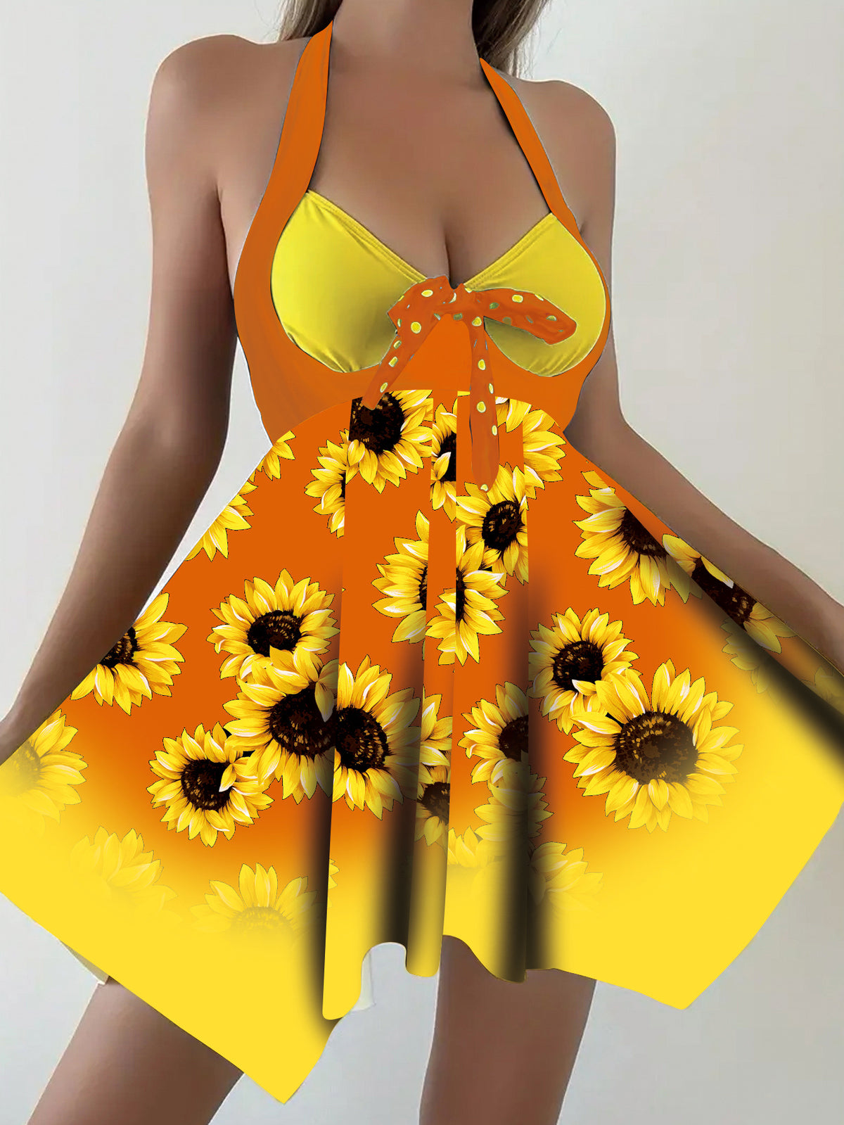2026 New European and American Plus-Size Amazon Sunflower Dress Two-Piece Women's Split Swimsuit Wholesale in Stock