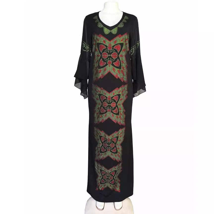 Cross-border high-end large-area butterfly rhinestone slim fishtail dress with chiffon lotus leaf sleeve dress special Qing