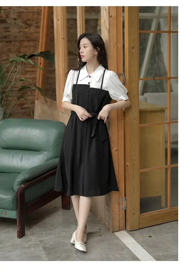 Small black dress elegant skirt women's summer long dress French shirt dress dress [no refund or exchange]]