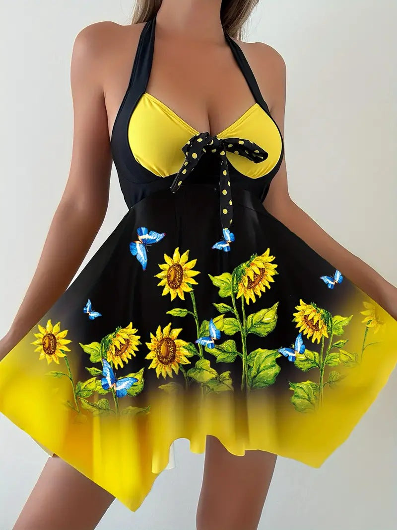 2026 New European and American Plus-Size Amazon Sunflower Dress Two-Piece Women's Split Swimsuit Wholesale in Stock