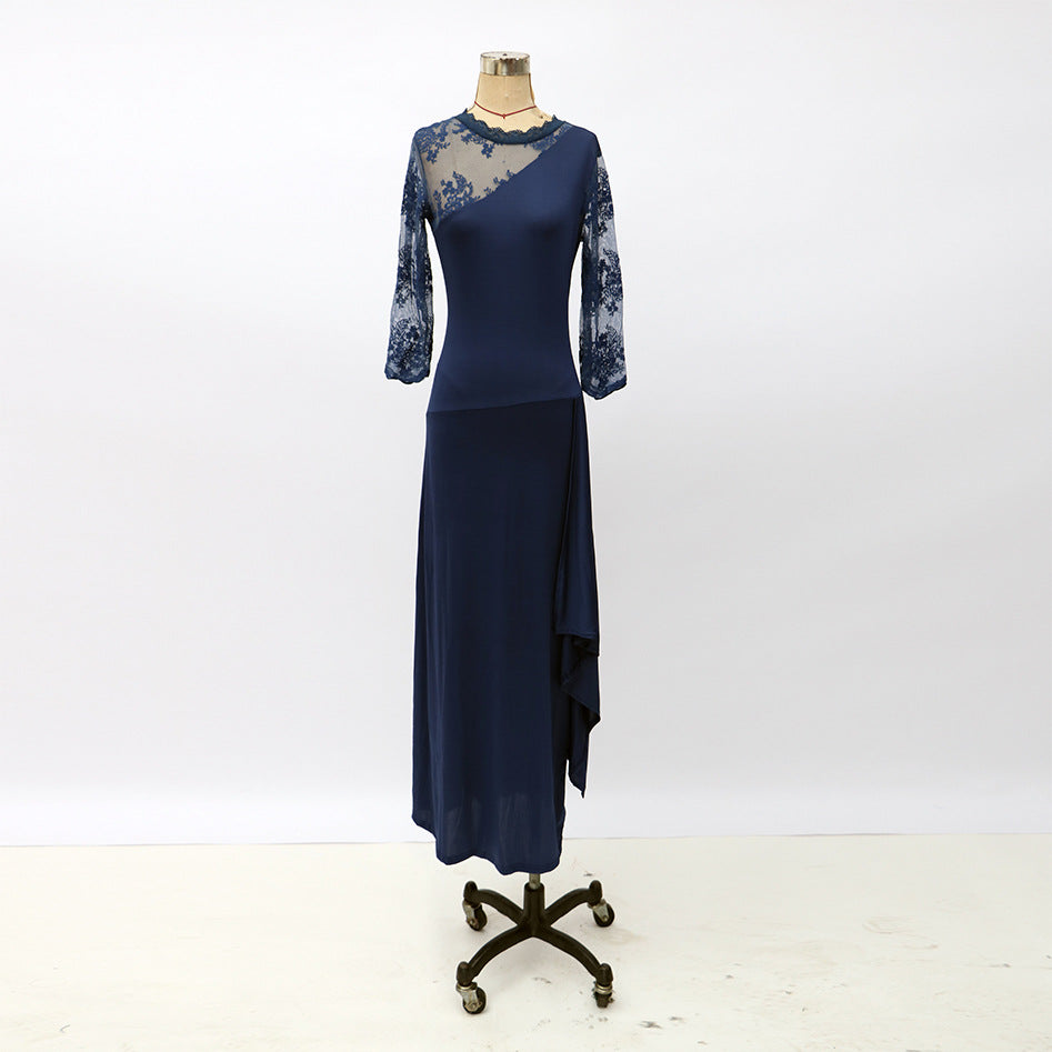 European and American Clothing Foreign Trade Long Lace See-Through Round Neck Mid-Sleeve Dress Wedding Dress Cross-Border Exclusive New Model