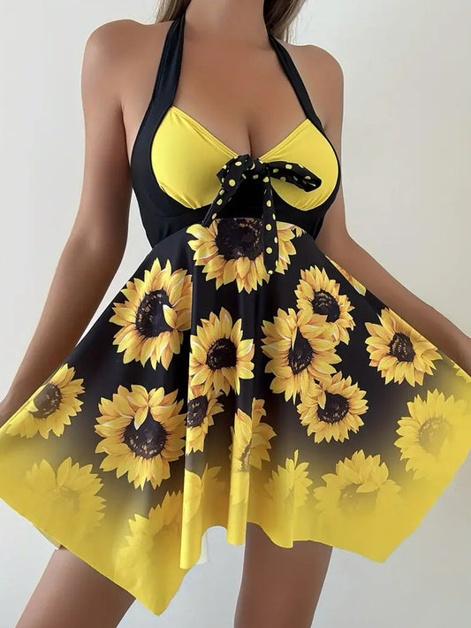 2026 New European and American Plus-Size Amazon Sunflower Dress Two-Piece Women's Split Swimsuit Wholesale in Stock