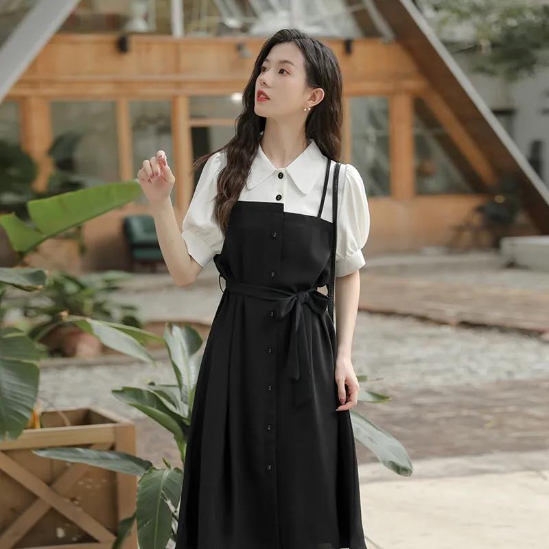 Small black dress elegant skirt women's summer long dress French shirt dress dress [no refund or exchange]]