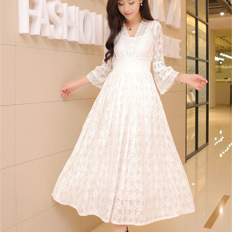 Dress Summer New Style Women's Lace V-Neck Slim Waist Dress Korean Style Dress Vacation Women's Beach Dress