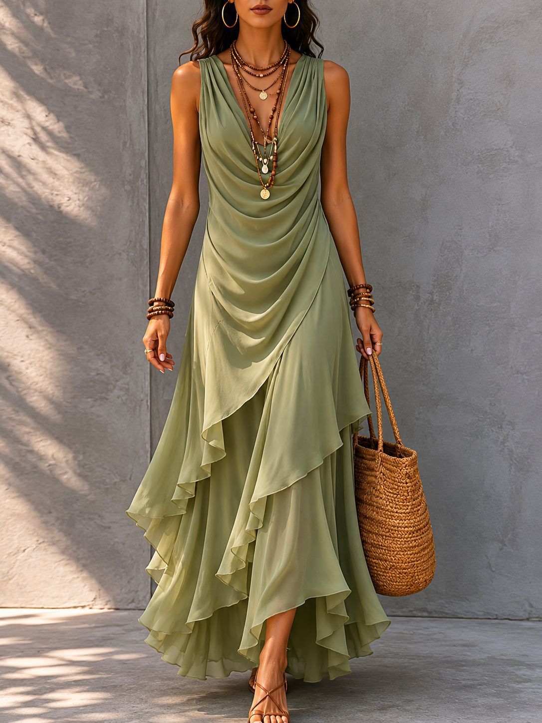 Cross-Border European and American Women's Summer Fashion New Sleeveless V-Neck Dress with Ruffled Irregular Hem Chiffon Vacation Long Dress