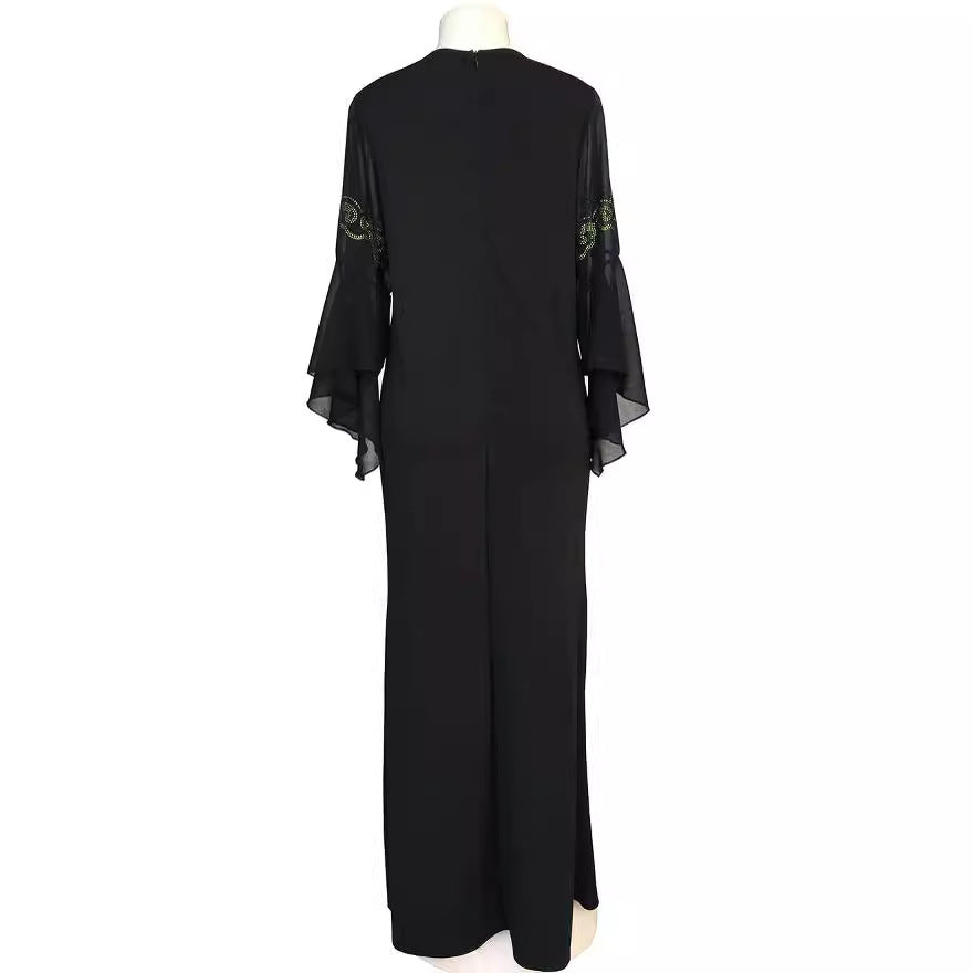 Cross-border high-end large-area butterfly rhinestone slim fishtail dress with chiffon lotus leaf sleeve dress special Qing
