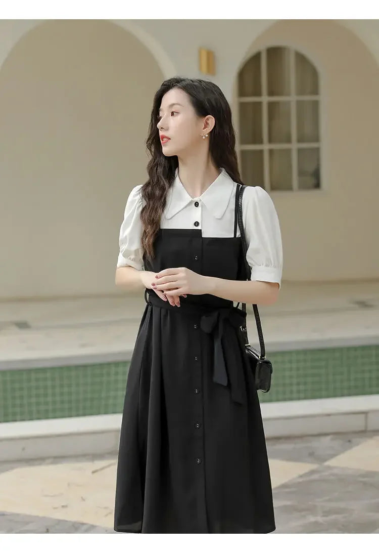 Small black dress elegant skirt women's summer long dress French shirt dress dress [no refund or exchange]]