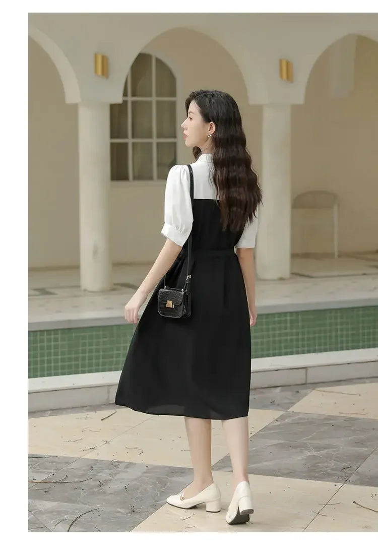 Small black dress elegant skirt women's summer long dress French shirt dress dress [no refund or exchange]]