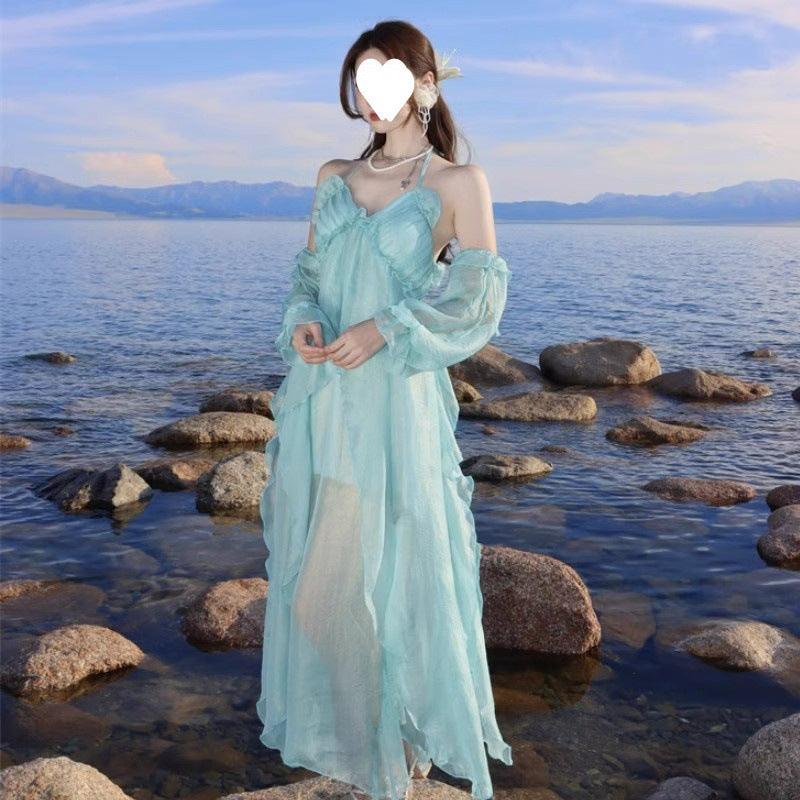 2026 Autumn Korean-Style Girl Group Dress with a Stylish Square Neckline, Waist-Cinching Design, Slimming Effect, Flared Sleeves, and Puffy Gown Dress