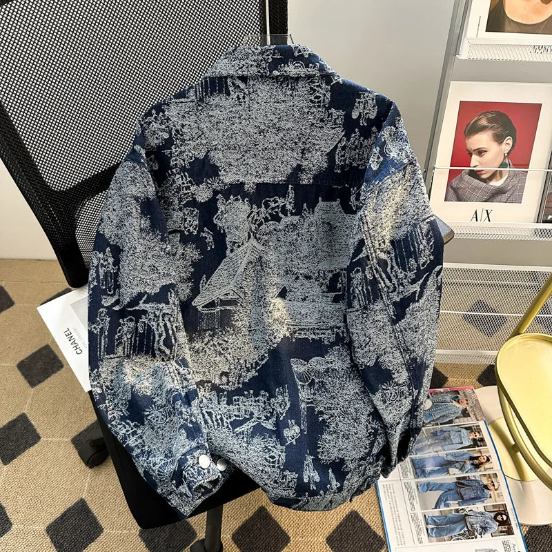 Jacquard Denim Jacket For Men Loose Fit Casual Punk Style Clothing Trendy Autumn/winter European Style Embroidered Denim Jacket
