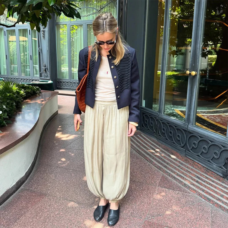 Women Knit Patchwork Napoleon Military Jacket Shoulder Pad Single Breasted Short Blazer Long Sleeve Loose 2026 Fall New Coat