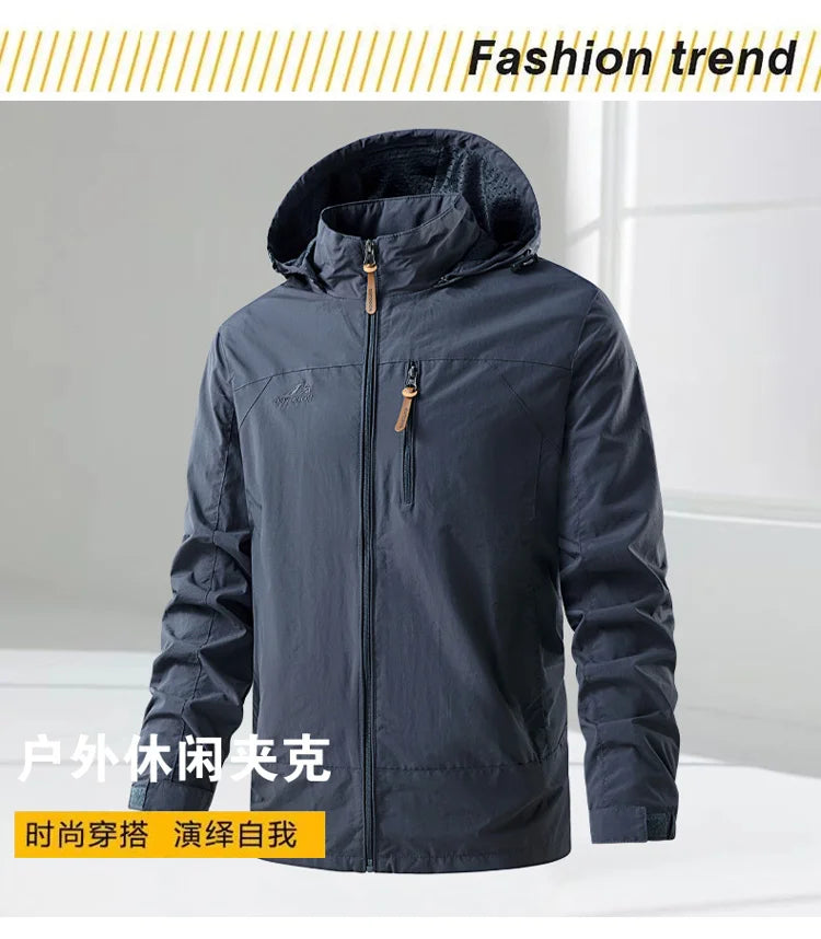 Jacket Men's Spring Autumn New Men Jacket Solid Color Hooded Jackets Casual Coat Men's Business Coats Size M-6XL 7XL Hat Detacha