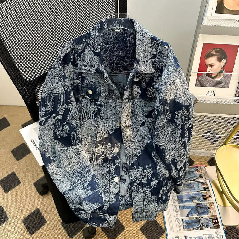 Jacquard Denim Jacket For Men Loose Fit Casual Punk Style Clothing Trendy Autumn/winter European Style Embroidered Denim Jacket