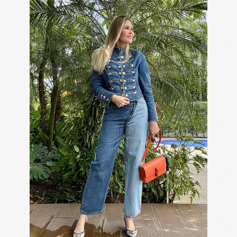 Women Knit Patchwork Napoleon Military Jacket Shoulder Pad Single Breasted Short Blazer Long Sleeve Loose 2026 Fall New Coat