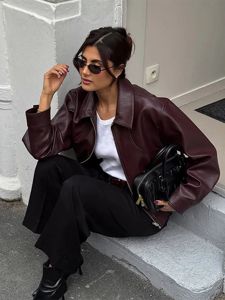 Burgundy Lapel Leather Jackets Women's Retro Zipper Full Sleeve Loose Cropped Coats Female 2025 High Street Outerwears Autumn