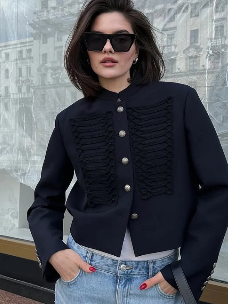 Women Knit Patchwork Napoleon Military Jacket Shoulder Pad Single Breasted Short Blazer Long Sleeve Loose 2026 Fall New Coat