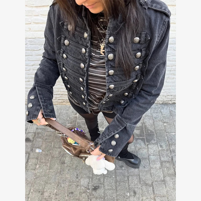 Women Knit Patchwork Napoleon Military Jacket Shoulder Pad Single Breasted Short Blazer Long Sleeve Loose 2026 Fall New Coat