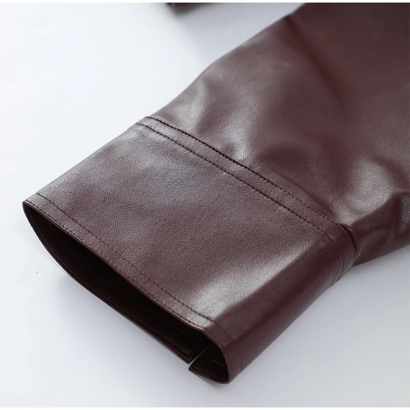 Burgundy Lapel Leather Jackets Women's Retro Zipper Full Sleeve Loose Cropped Coats Female 2025 High Street Outerwears Autumn