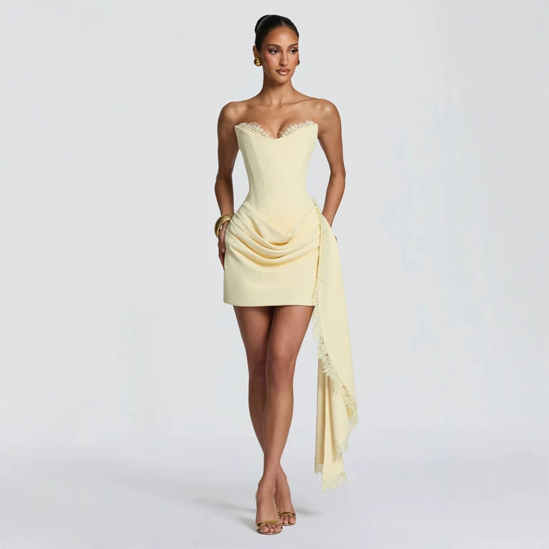 Women Lace Trim Patchwork Strapless Ribbon Bodycon Dress Sexy Ruched Pleated Backless Lace Up Short Dresses Evening Party Gowns