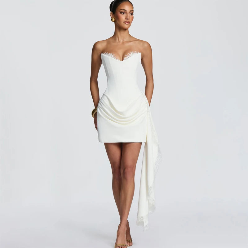 Women Lace Trim Patchwork Strapless Ribbon Bodycon Dress Sexy Ruched Pleated Backless Lace Up Short Dresses Evening Party Gowns