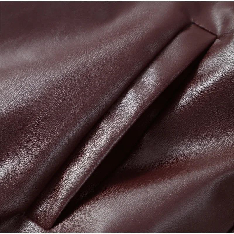 Burgundy Lapel Leather Jackets Women's Retro Zipper Full Sleeve Loose Cropped Coats Female 2025 High Street Outerwears Autumn