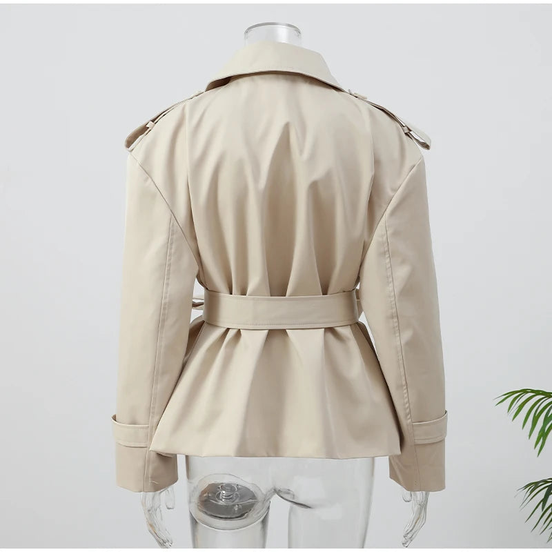 Khaki Belt Lace Up Short Trench Coat Women Elegant Full Sleeve V Neck Loose Fashion Jacket Autumn Daily High Street Outerwear