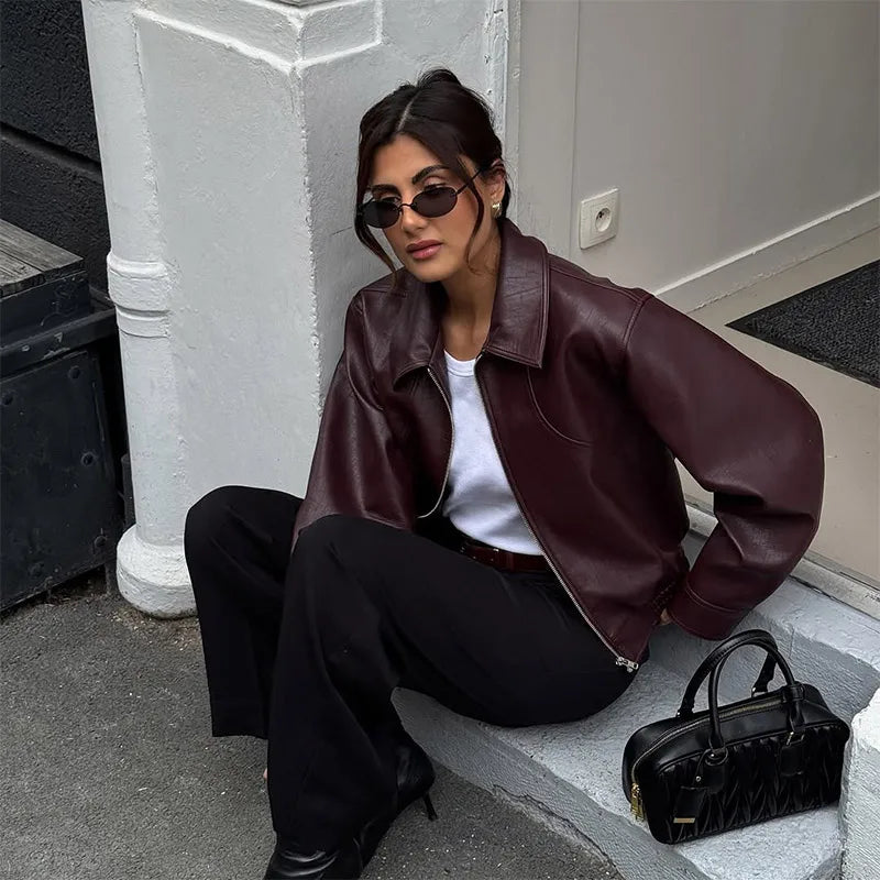 Burgundy Lapel Leather Jackets Women's Retro Zipper Full Sleeve Loose Cropped Coats Female 2025 High Street Outerwears Autumn