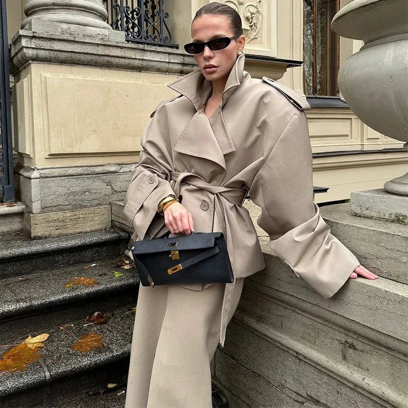 Khaki Belt Lace Up Short Trench Coat Women Elegant Full Sleeve V Neck Loose Fashion Jacket Autumn Daily High Street Outerwear