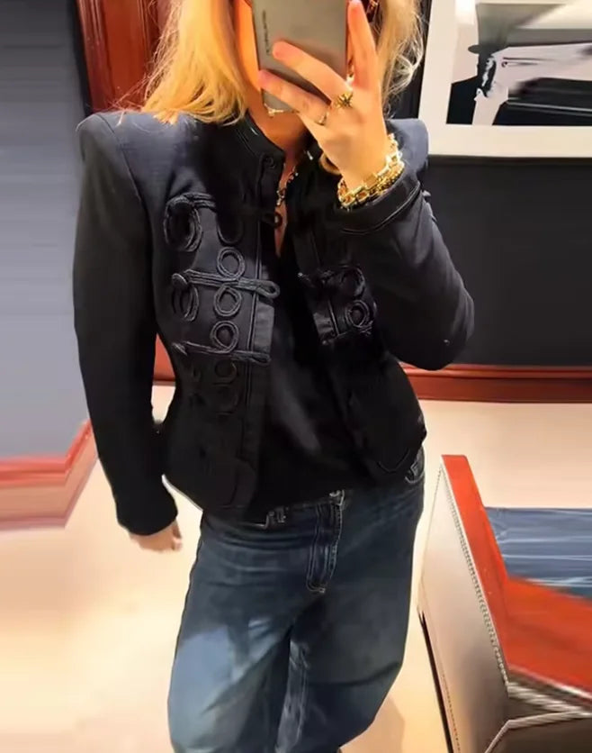 Women Knit Patchwork Napoleon Military Jacket Shoulder Pad Single Breasted Short Blazer Long Sleeve Loose 2026 Fall New Coat