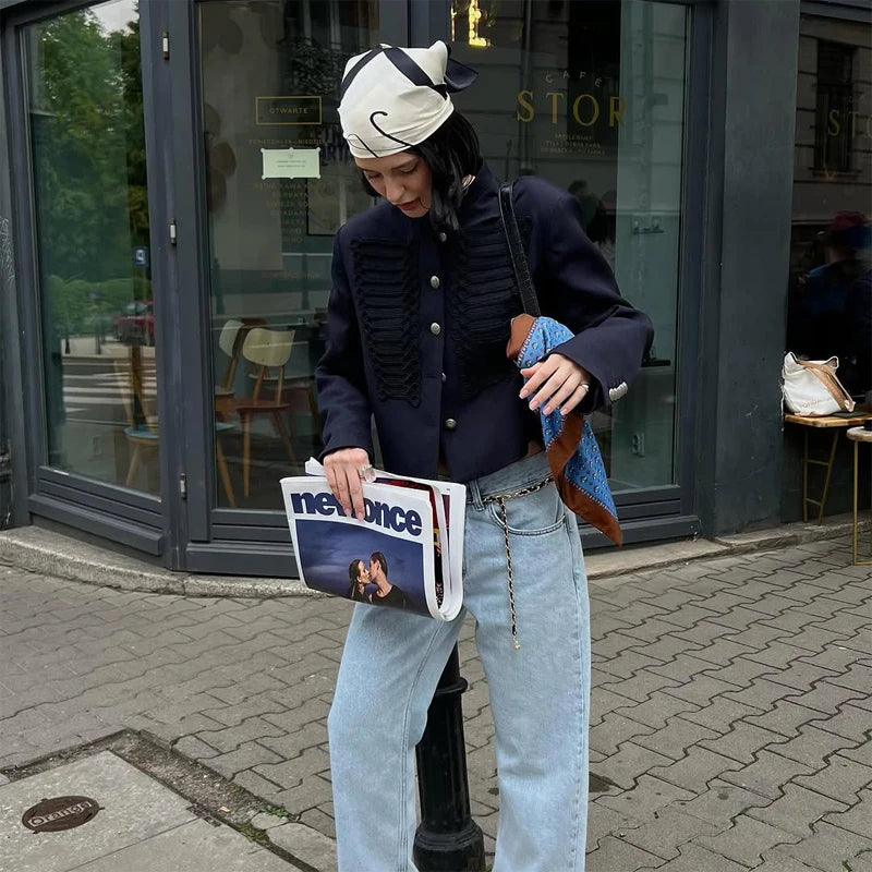 Women Knit Patchwork Napoleon Military Jacket Shoulder Pad Single Breasted Short Blazer Long Sleeve Loose 2026 Fall New Coat