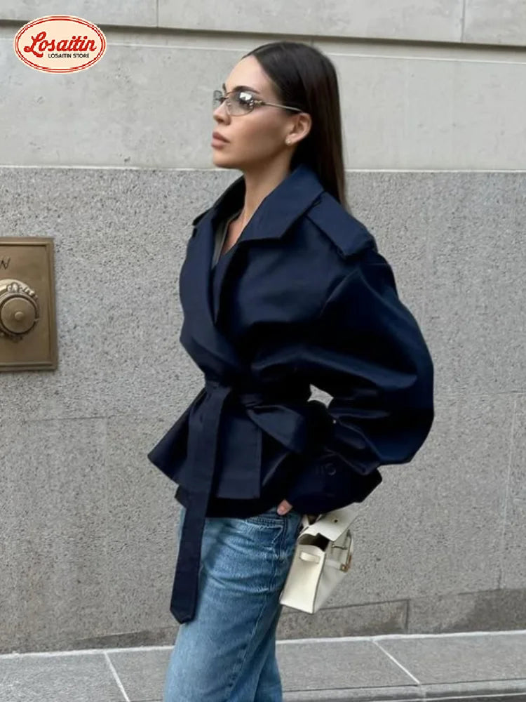 Khaki Belt Lace Up Short Trench Coat Women Elegant Full Sleeve V Neck Loose Fashion Jacket Autumn Daily High Street Outerwear