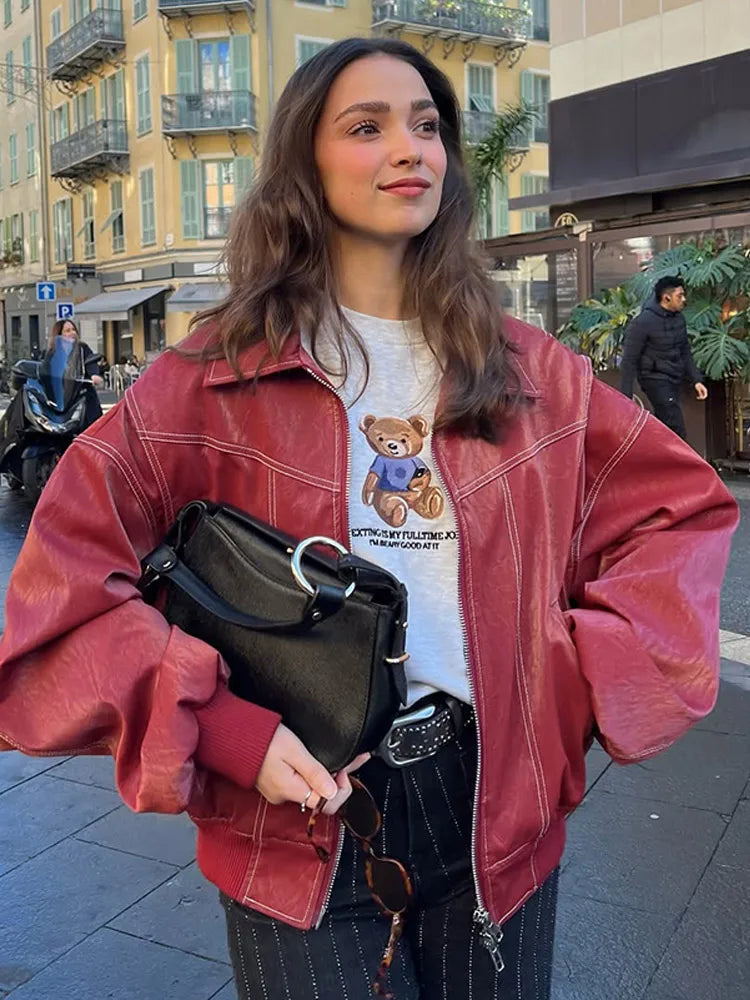 Burgundy Lapel Leather Jackets Women's Retro Zipper Full Sleeve Loose Cropped Coats Female 2025 High Street Outerwears Autumn