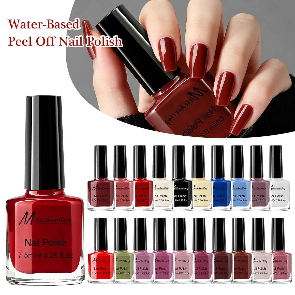 Misscheering Water-Based Peel Off Nail Polish 7.5ml Quick Air Dry Glossy Long Lasting Removable Nail Varnish No UV Needed Easy