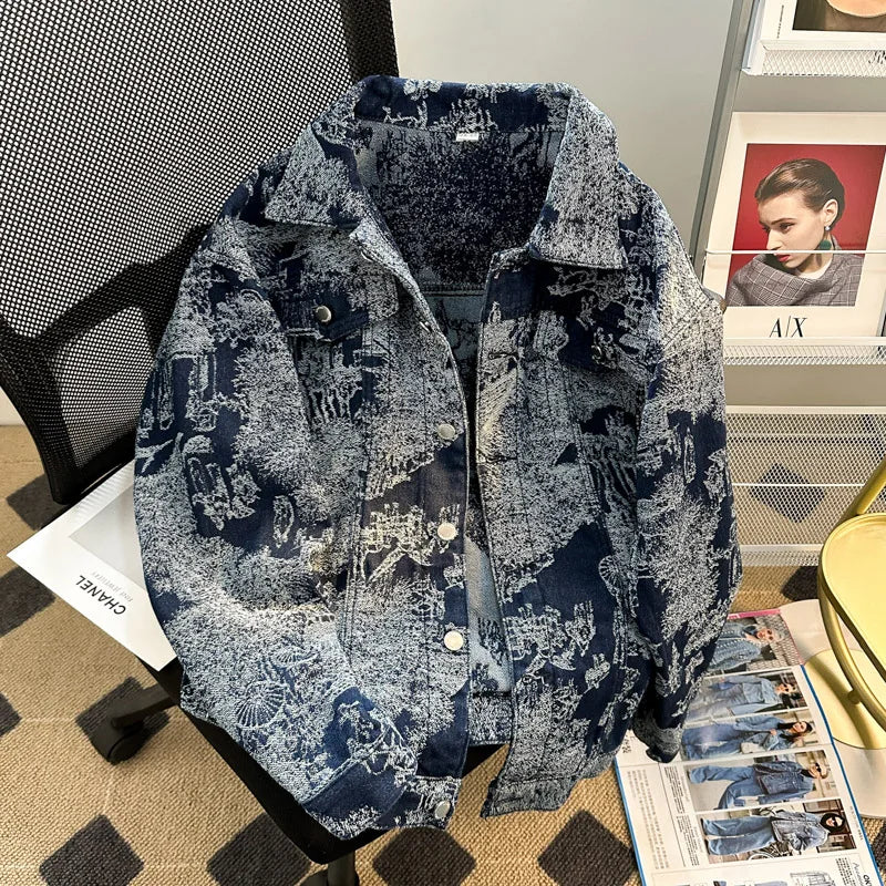 Jacquard Denim Jacket For Men Loose Fit Casual Punk Style Clothing Trendy Autumn/winter European Style Embroidered Denim Jacket