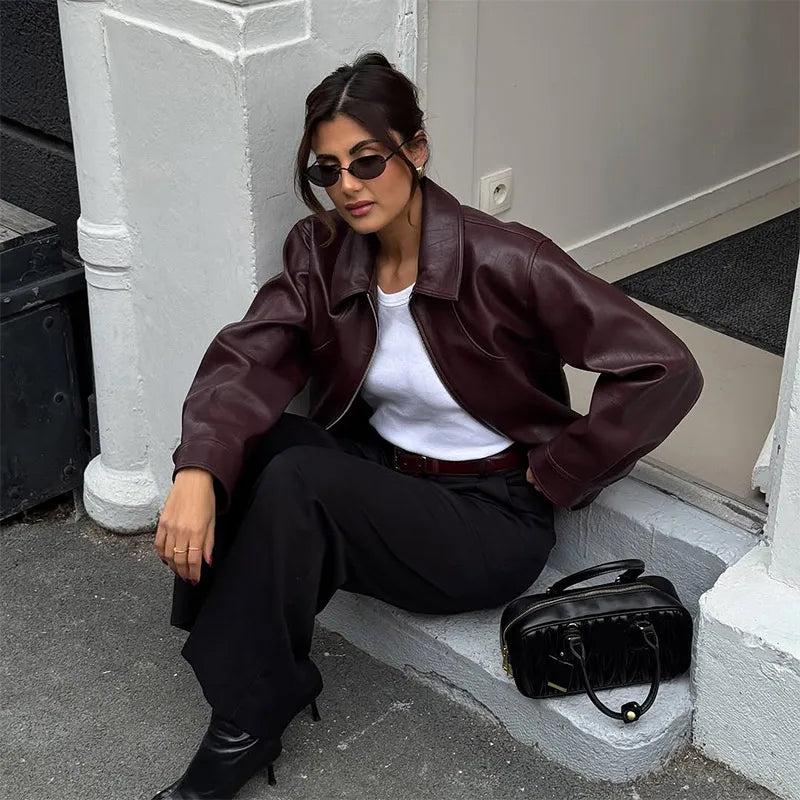 Burgundy Lapel Leather Jackets Women's Retro Zipper Full Sleeve Loose Cropped Coats Female 2025 High Street Outerwears Autumn