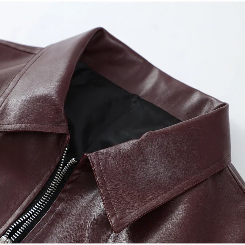 Burgundy Lapel Leather Jackets Women's Retro Zipper Full Sleeve Loose Cropped Coats Female 2025 High Street Outerwears Autumn