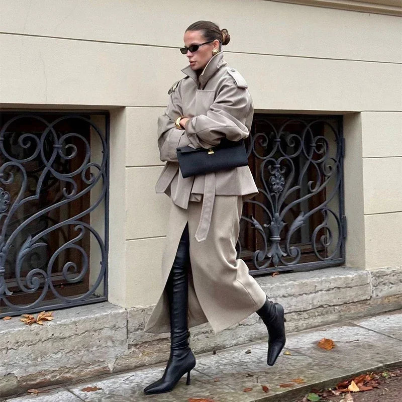 Khaki Belt Lace Up Short Trench Coat Women Elegant Full Sleeve V Neck Loose Fashion Jacket Autumn Daily High Street Outerwear