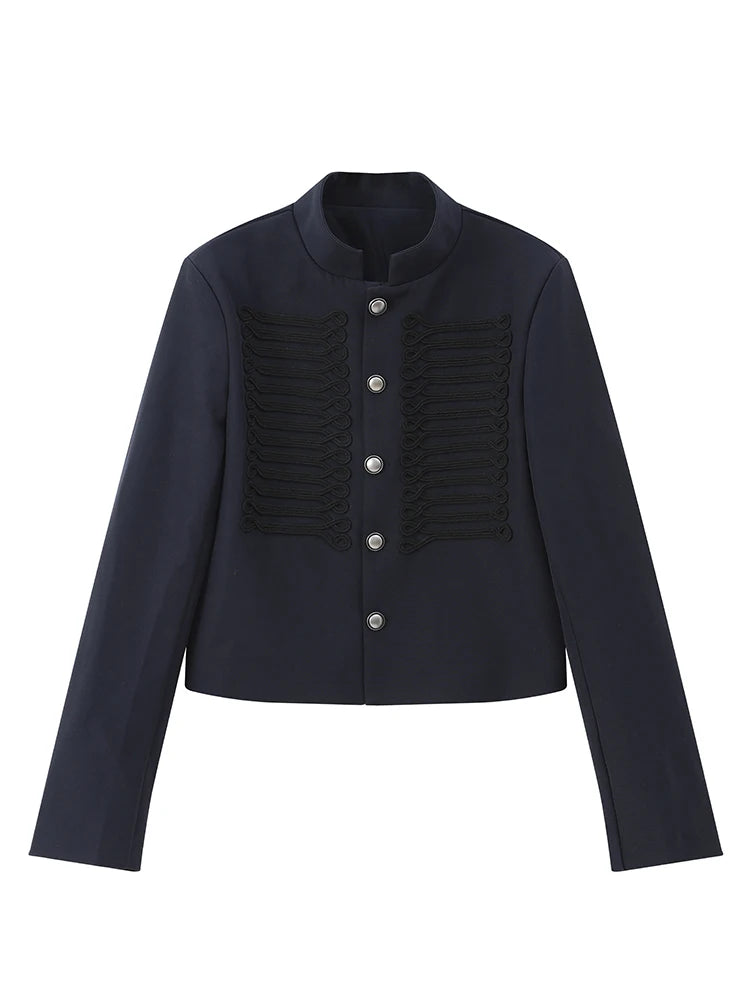 Women Knit Patchwork Napoleon Military Jacket Shoulder Pad Single Breasted Short Blazer Long Sleeve Loose 2026 Fall New Coat