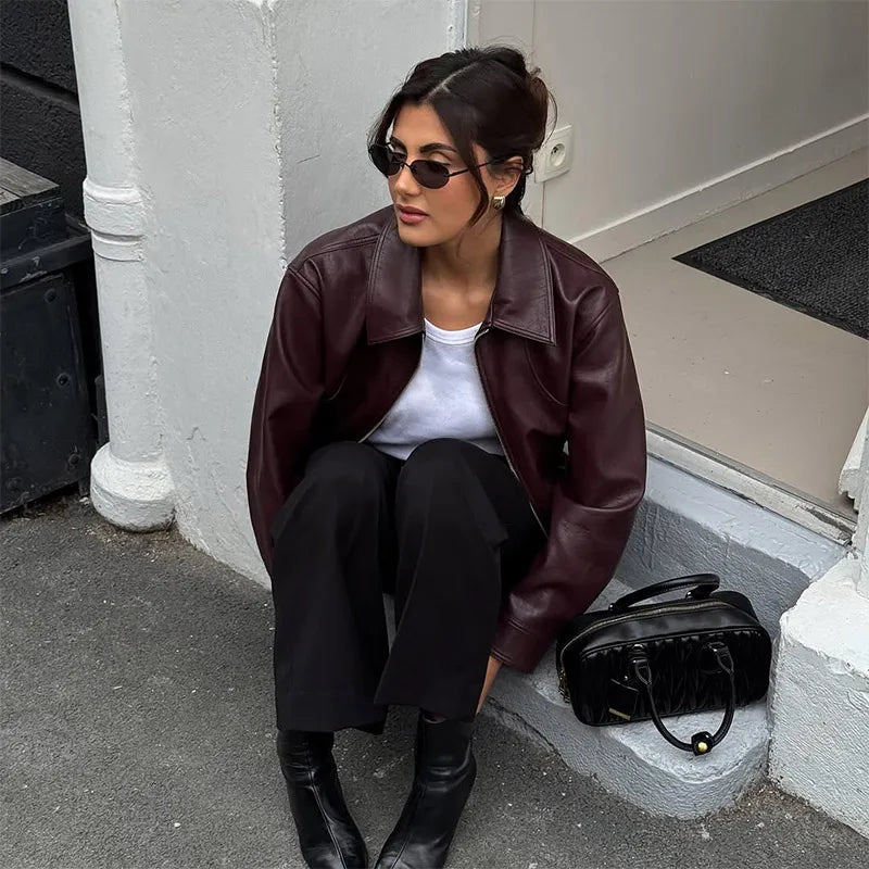 Burgundy Lapel Leather Jackets Women's Retro Zipper Full Sleeve Loose Cropped Coats Female 2025 High Street Outerwears Autumn