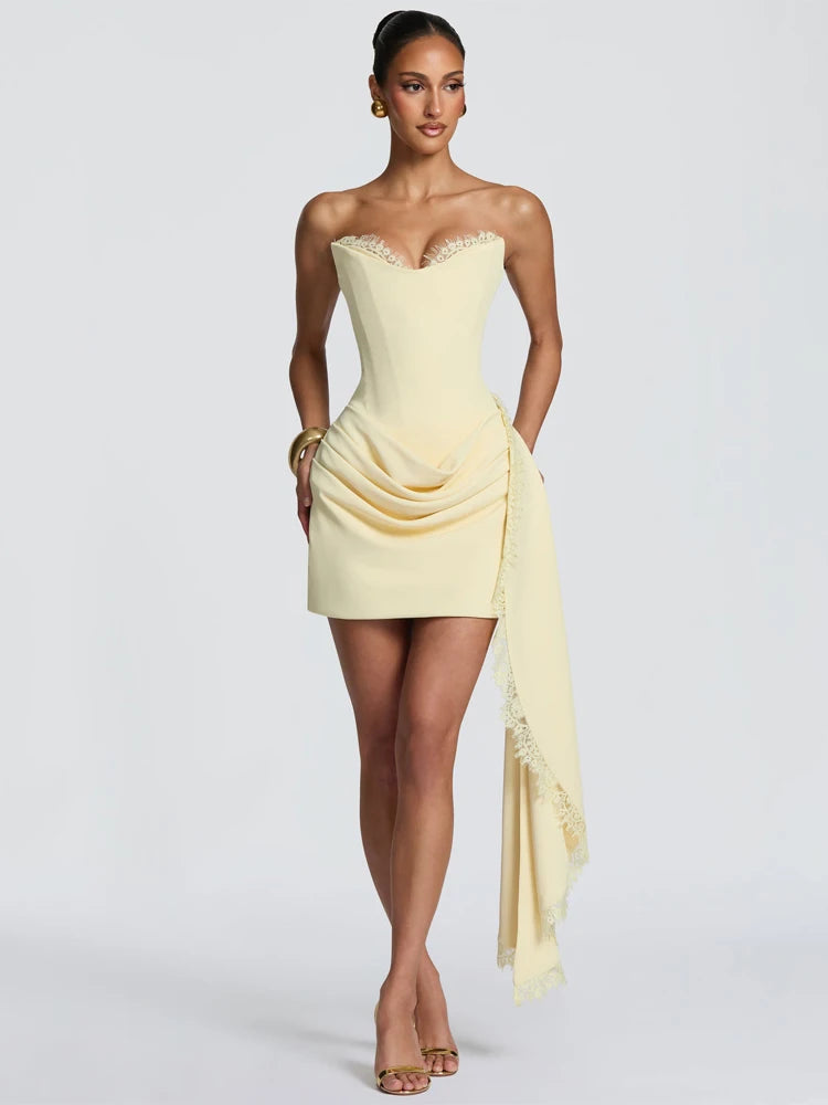 Women Lace Trim Patchwork Strapless Ribbon Bodycon Dress Sexy Ruched Pleated Backless Lace Up Short Dresses Evening Party Gowns