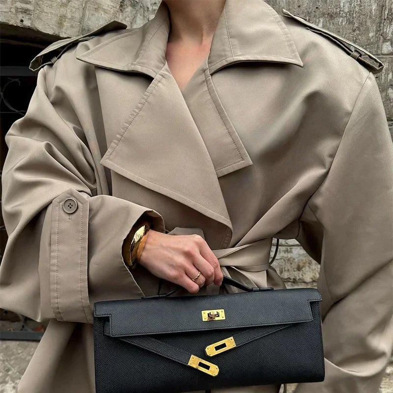 Khaki Belt Lace Up Short Trench Coat Women Elegant Full Sleeve V Neck Loose Fashion Jacket Autumn Daily High Street Outerwear