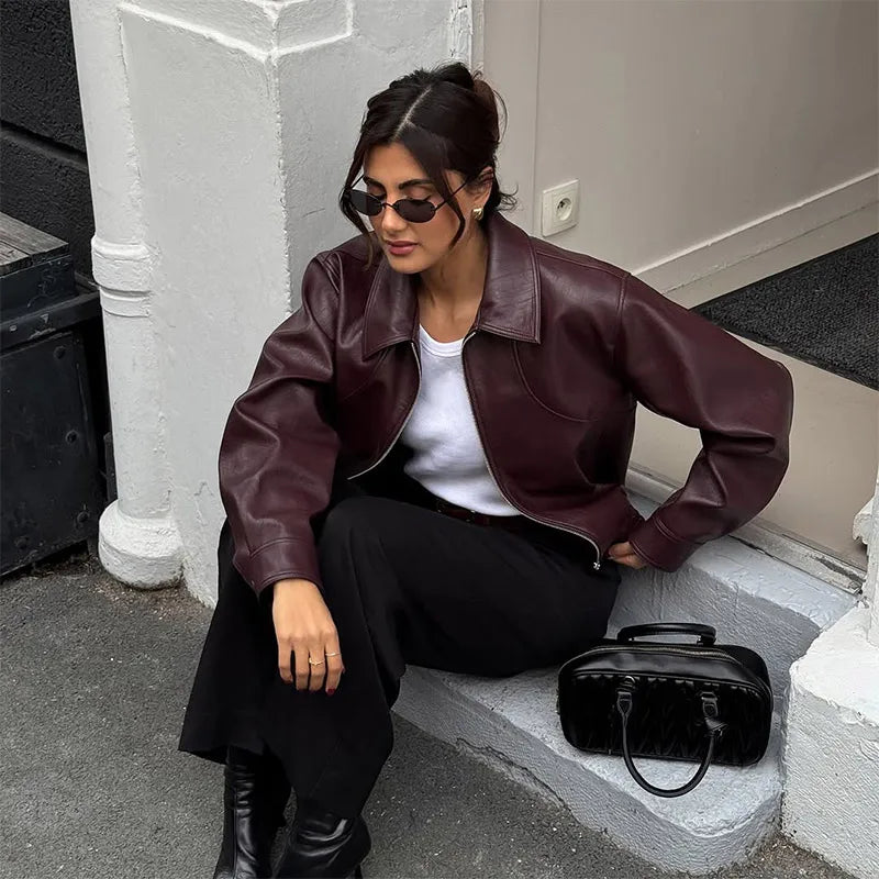 Burgundy Lapel Leather Jackets Women's Retro Zipper Full Sleeve Loose Cropped Coats Female 2025 High Street Outerwears Autumn
