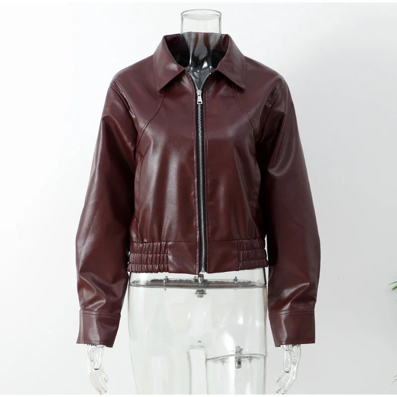 Burgundy Lapel Leather Jackets Women's Retro Zipper Full Sleeve Loose Cropped Coats Female 2025 High Street Outerwears Autumn