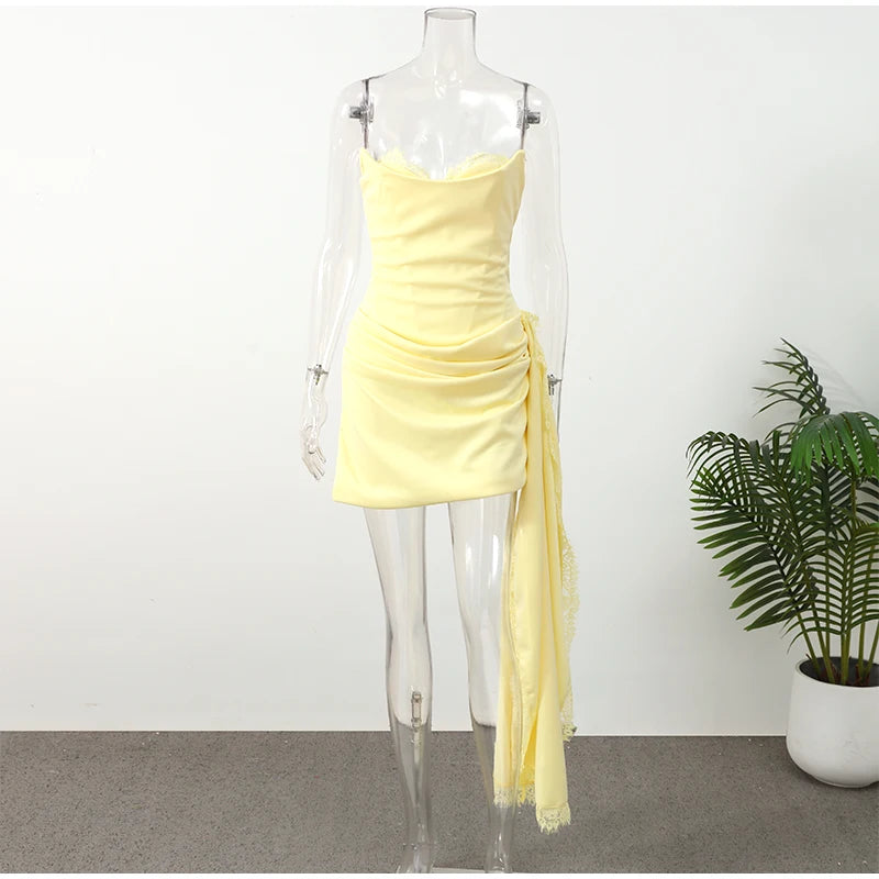 Women Lace Trim Patchwork Strapless Ribbon Bodycon Dress Sexy Ruched Pleated Backless Lace Up Short Dresses Evening Party Gowns