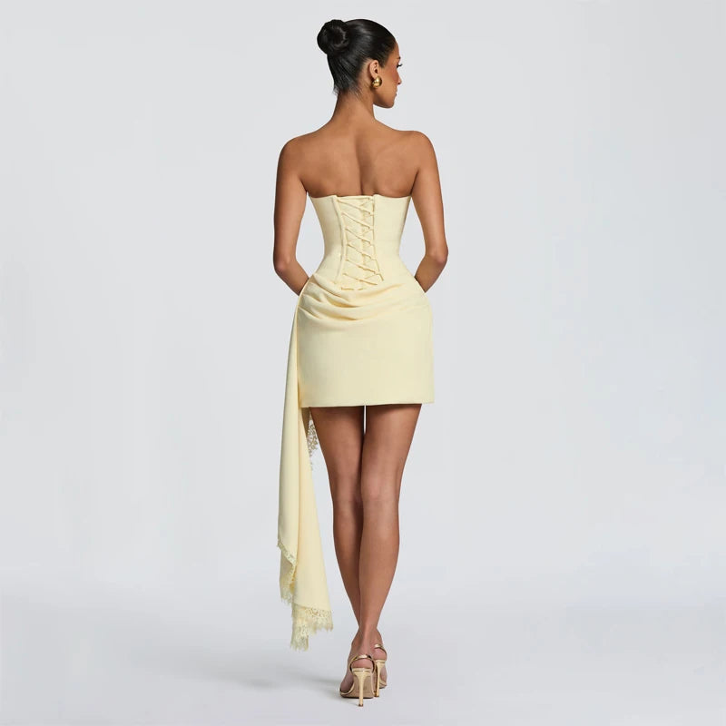 Women Lace Trim Patchwork Strapless Ribbon Bodycon Dress Sexy Ruched Pleated Backless Lace Up Short Dresses Evening Party Gowns